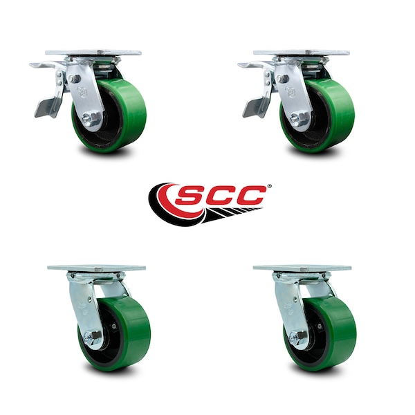 4 Inch Green Poly on Steel Caster Set with Ball Bearing 2 Total Lock Brake SCC